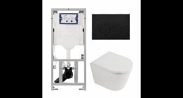 QeramiQ Dely Toiletset - 36.3x51.7cm - diepspoel - rimless - Geberit UP320 inbouwreservoir - softclose toilet zitting 35 mm - kunststof mat zwarte bedieningsplaat - ronde knoppen - mat wit