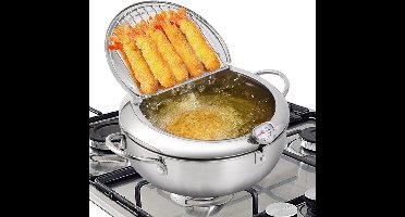 Professionele Frituurpan - Japanse RVS Tempura Frituurpan met Thermometer - Complete Set met Deksel en Oliedruiprek - Geschikt voor Friet, Kip en Garnalen - 24cm Keukenapparatuur