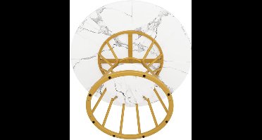 Eettafel – Ronde Tafel – Keukentafel – Ontbijttafel – Eetkamertafel – MDF Marmerpatroon – Metalen Onderstel Goud/Zwart – Compact – Stevig