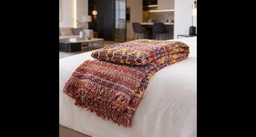 Luxe 100% Katoen Geweven Deken Met Elegant Patroon en Franjes – Sprei 90 x 120 cm Voor TV-Bank, Fauteuil en Bed – Zachte Plaid Met Hoogwaardige Uitstraling en Comfortabel Design | Stijlvolle Bankdeken en Bedsprei