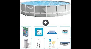Intex Rond Prism Frame Zwembad - 457 x 107 cm - Grijs - Inclusief Pomp - Ladder - Grondzeil - Afdekzeil - Vloertegels - Verlichting - 9-delig