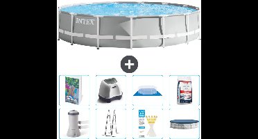 Intex Rond Prism Frame Zwembad - 457 x 107 cm - Grijs - Inclusief Pomp - Ladder - Grondzeil - Afdekzeil - Zoutwatersysteem - Zwembadzout - 9-delig