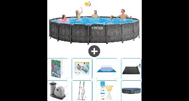 Intex Rond Prism Frame Greywood Zwembad - 549 x 122 cm - Inclusief Pomp - Ladder - Grondzeil - Afdekzeil - Loungebed - Solar Mat - 9-delig