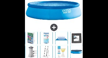 Intex Rond Opblaasbaar Easy Set Zwembad - 457 x 107 cm - Blauw - Inclusief Pomp - Ladder - Grondzeil - Afdekzeil - Filter - Vloertegels - 9-delig