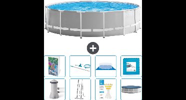 Intex Rond Prism Frame Zwembad - 457 x 122 cm - Grijs - Inclusief Pomp - Ladder - Grondzeil - Afdekzeil - Schoonmaakset - Vloertegels - 9-delig