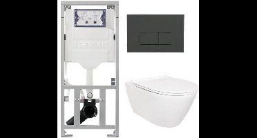 QeramiQ Salina Toiletset - rimless - Geberit inbouwreservoir - diepspoel wandcloset - softclose - quickrelease - bedieningspaneel met bedieningsplaat antraciet mat - rechthoekige knoppen - glans wit