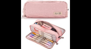 Grote capaciteit etui - 3 compartimenten canvas pennenzak - cosmetische tas - multifunctionele organizer tas voor school kantoor studenten tienermeisjes jongens - Roze