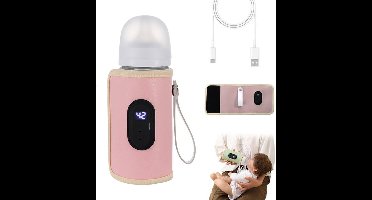 Babyflesverwarmer met LCD-display - Draagbare USB-moedermelkverwarmer - Universele geïsoleerde thermohoes geschikt voor alle flessen - Roze