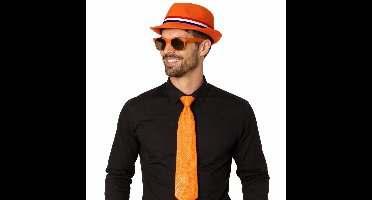 Verkleed oranje Trilby hoed - volwassenen - Koningsdag / Nederland - met oranje zonnebril - supporters setje