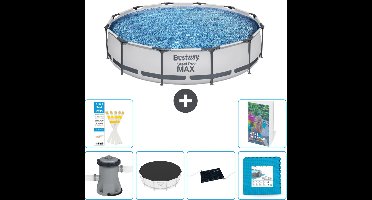 Bestway Rond Steel Pro MAX Zwembad - 366 x 76 cm - Grijs - Inclusief Pomp Afdekzeil - Solar Mat - Vloertegels - 7-delig