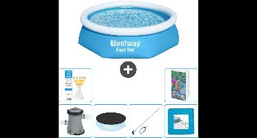 Bestway Rond Opblaasbaar Fast Set Zwembad - 244 x 61 cm - Blauw - Inclusief Pomp Afdekzeil - Schoonmaakset - Vloertegels - 7-delig