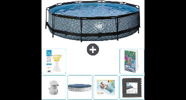EXIT Rond Stone Frame Zwembad - 360 x 76 cm - Inclusief Pomp Afdekzeil - Loungebed - Vloertegels - 7-delig