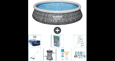 Bestway Rond Opblaasbaar Fast Set Zwembad - Rotanprint - 457 x 107 cm - Inclusief Pomp - Ladder Onderhoudspakket - Solarzeil - Stofzuiger - 8-delig
