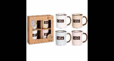 Set van 4 Koffiemokken – Steengoed Mokken 200 ml – Coffee Mokken in 4 Kleuren – Met Gegraveerde Tekst & Metallic Glazuur – In Kraft Geschenkdoos