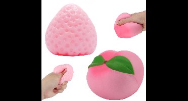 Anti-stress Fruit Set - Roze Aardbei & Perzik - Slow Rising Squishy - Fidget Toy Pakket - Siliconen & PU Foam - 2 Stuks