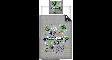Kinderbeddengoed Minecraft Doodle 140x200 cm + Sloop 63x63 cm 100% Polyester Omkeerbaar | Creeper Gone Minin'