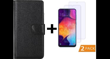 Ntech Hoesje Geschikt Voor Samsung Galaxy A50 Portemonnee hoesje - Zwart Met 2 stuks Glazen screenprotector