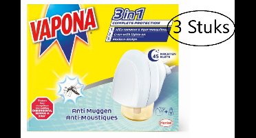 Vapona | Anti-muggenapparaat | set van 3 stuks | 220V toestel + flesje vloeistof 18 ml | 45 nachten