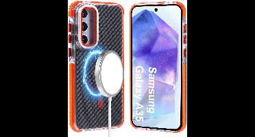 Magsafe Hoesje Geschikt voor Samsung A35 hoesje Oranje Heavy Duty Carbon Case met Versterkte Zijkanten, MagSafe en Camera Kickstand