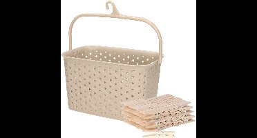 Sorbo Wasknijpers met 72x houten wasknijpers - In kunststof mandje - beige - met ophang haak - was ophangen