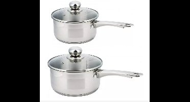 2 x steelpan / sauspan - steelpan met glazen deksel - Ø16 en Ø18 cm - RVS - 1.5 liter en 2,1 liter