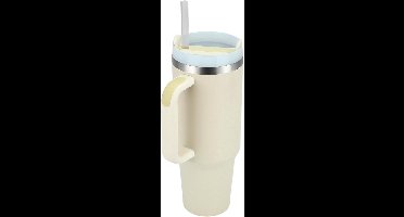 Dubbelwandige, roestvrijstalen vacuüm-isolatiebeker met handvat en deksel, koffiebeker, to-go, drinkbeker, beker, rietje, grote tuimelaar, reisbeker, autobeker, thermobeker, beige
