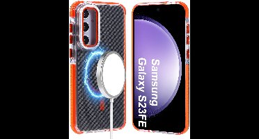 Magsafe Hoesje Geschikt voor Samsung S23 FE hoesje Oranje Heavy Duty Carbon Case met Versterkte Zijkanten, MagSafe en Camera Kickstand