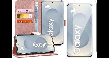 Hoesje geschikt voor Samsung Galaxy S25 - Screenprotector Glas - Portemonnee Book Case Rosegoud