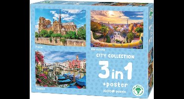 Mr. Broccoli 3 x 1000 Stukjes Puzzel City Collection - 3 in 1 Legpuzzel Steden - Inclusief Poster - FSC® - 68 x 48 cm