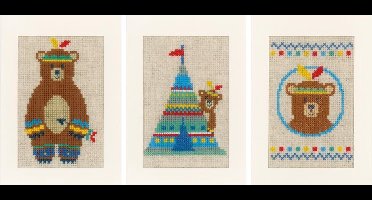 Vervaco - Wenskaart kit - Indianen/beer set van 3 - PN-0155772 - Borduren - Borduurpakket - Borduurpakket volwassenen - Borduurpakket kind