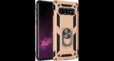 Hoesje Geschikt Voor Samsung Galaxy S10+ Armor Hoesje Ringhouder TPU - Goud