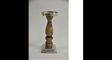 Kandelaar mangohout met nikkel 11,5 x 11,5 x 27 cm