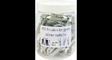 Houten knijper zilver metallic 4,5 cm - knijpers in pot - 60 stuks