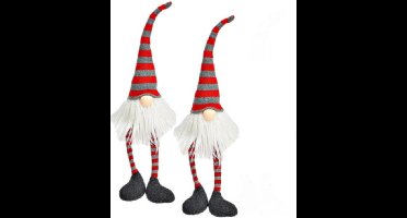 Set van 2x stuks pluche gnome/dwerg decoratie poppen/knuffels wit/rood/grijs 6 x 8 x 50 cm - Kerstgnomes/kerstkabouters