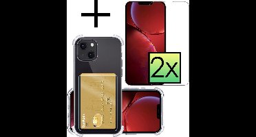 Hoesje - Geschikt voor Apple iPhone 13 - Met 2x Screenprotector - Pashouder - Kaarthouder - Telefoon Hoes Shockproof - Siliconen Case - Back Cover - Shock Proof - Pasjes Houder - Transparant