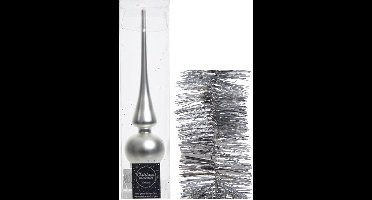 Kerstversiering glazen piek mat 26 cm en folieslingers pakket zilver van 3x stuks - Kerstboomversiering