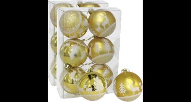 12x stuks gedecoreerde kerstballen goud kunststof diameter 6 cm - Kerstboom versiering