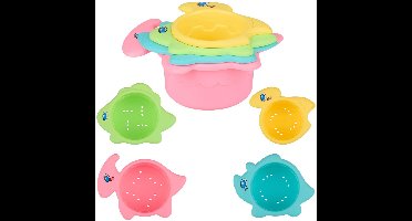 Eddy Toys Dinosaurus Bad Stapelbekers - 00524 - 4 Stuks Bad Speelgoed met Watergaatjes - Stapelbare Badbekers in Dinosaurusvorm - 18m+ - Geel, Groen, Roze, en Blauw