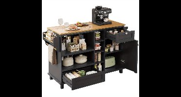 Keukeneiland – Keukenwagen – Keukentrolley – Mobiel Keukeneiland – Keukenkar – Mobiel Opbergrek – Wieltjes – MDF Werkblad – 129x46x92 cm – Zwarte Basis met Lichtbruin Werkblad