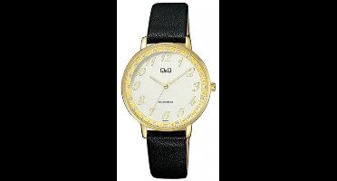 Prachtig goudkleurig dameshorloge van Q&Q model qc09j124y 3 atm waterdicht met zwart lederen band en duidelijke wijzerplaat