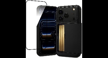Hoesje met Pasjeshouder geschikt voor iPhone 17 Pro - Screen Protector FullGuard - Back Cover SlideCase Zwart & Screenprotector