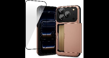 Hoesje met Pasjeshouder geschikt voor iPhone 17 Pro Max - Screenprotector FullGuard & Camera Lens Screen Protector Zwart - Back Cover SlideCase Roségoud