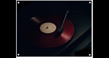Tuinposter 80x60 cm - Tuindecoratie Vinylplaat - Rood - Platenspeler - Naald - Poster voor in de tuin - Buiten decoratie - Schutting tuinschilderij - Tuindoek muurdecoratie - Wanddecoratie balkondoek