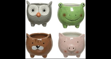 Decoris - Set van 4 bloempotjes - Dieren - Diameter 9 x H 9 cm