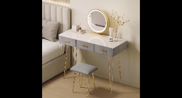 Luxe Make-up Tafel met LED Spiegel, 3 Lade Dressing Table Set met Kruk, Verstelbare LED Verlichting en Luxe Velvet Afwerking – Modern, Stijlvol en Functioneel – Wit, Goud en Grijs IndustrialHome
