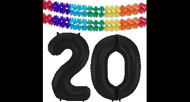 Folat folie ballonnen - Leeftijd cijfer 20 - zwart - 86 cm - en 2x feestslingers gekleurd 600 cm - versiering - feestartikelen