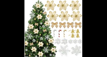 120 Stuks Glitter Kerstbloemen Set – Kunstbloemen Voor Kerstboom – Met Strikken En Sneeuwvlokken – Kerst- En Nieuwjaarsdecoratie