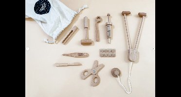 WoodyDoody Houten Dokterset Speelgoed - 9 delig HOOGWAARDIG Hard Hout Speelgoed Rollenspel met OPBERGZAK - Speelgoeddokterset - Gereedschap - Thermometer- Doktersset - Dokterskoffer - Speelgoed - Vanaf 1 jaar - Educatief Speelgoed - Ontwikkeling