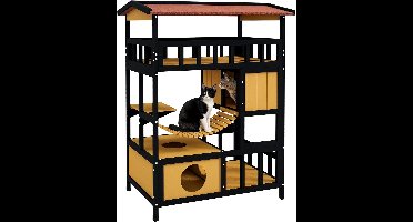 Kattenhuis - Voor buiten - Hok - Kooi - Bench - Ren - 2 verdiepingen - duurzaam - Geel