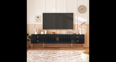 Zwart TV-meubel met lage kast 70-79 inch – MDF, structuurdeuren, lades, gouden handgrepen en poten, modern design